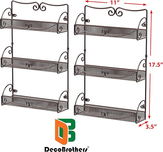 Deco Brothers 3 Tier Wall Mounted Spice Rack, 2 Pack, Bronze