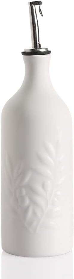 Sweejar Ceramic Olive Oil Dispenser Bottle, 20 Oz Relief Opaque Oil Cruet Protects Oil To Reduce Oxidation, Suitable for Storage Oil, Vinegar, Soy Sauce, Coffee Syrup, Liquids, Pack of 1 (White)