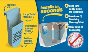 The Tank Caddy is a carrier that hangs inside your toilet tank, while trapping the soot that remains as blue and bleach tablets dissolve.