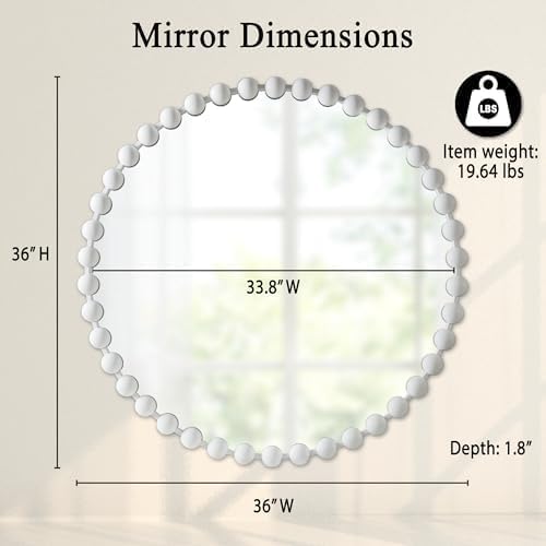 Madison Park Round Mirror, Metal Frame Circle Mirror 36 inch, Wall Art Decor Mounted Hanging for Entryway, Bathroom, Hallway, Living Room, Vanity, Marlowe, White