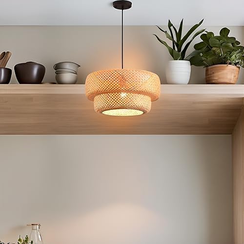 Bamboo Pendant Light,Boho Rattan Hanging Light,13.8" Hand Woven Wicker Chandelier for Kitchen Island for Kitchen Island Dining Bedroom Living Room Restaurants