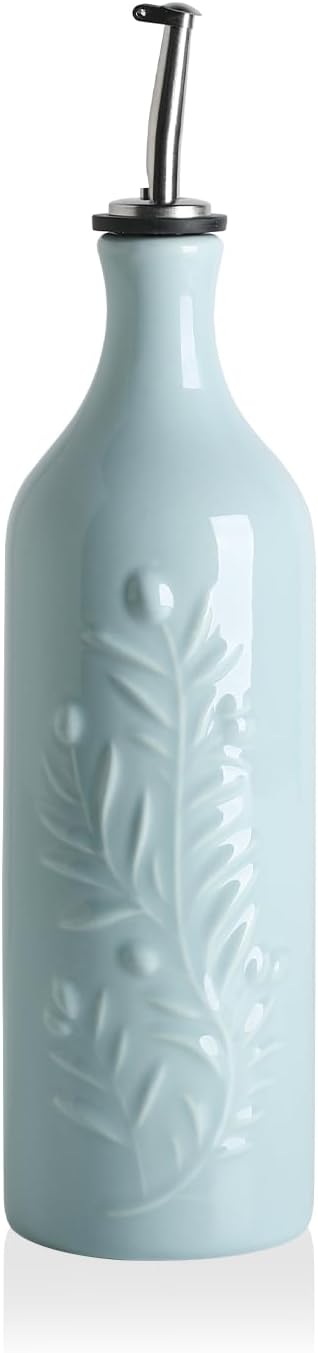 Sweejar Large Olive Oil Dispenser Bottle with Spout, 24 Oz Ceramic Oil Dispenser for Kitchen, Relief Opaque Cruet, Container for Cooking, EVOO, Vinegar, Pack of 1 (Light Blue)