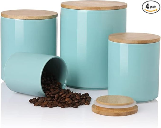 Sweejar Kitchen Canisters Ceramic Food Storage Jar Set, Stackable Containers with Airtight Seal Bamboo Lid for Serving Ground Coffee, Tea,Grains, Herbs,Sugar, Salt and More - Pack of 4（Turquoise）