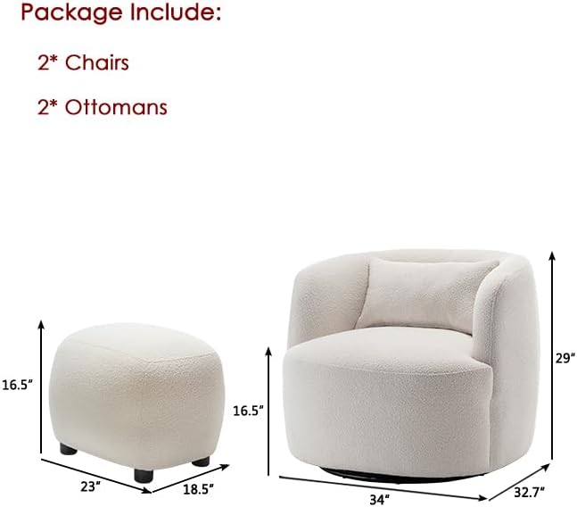 KINWELL 34" Wide 2 Boucle Swivel Barrel Chairs and 2 Ottomans Set, Fully Assembled Sherpa Accent Chairs and Footrest Set, Modern Comfy Armchairs and Footstool for Living Room and Bedroom, Beige