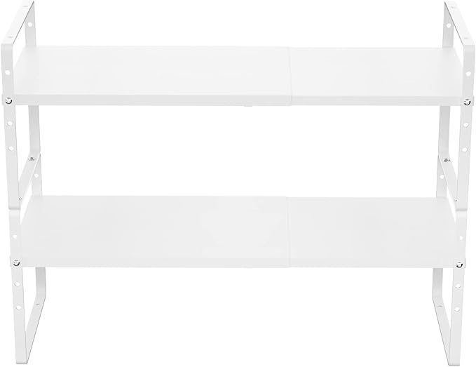 iPEGTOP Expandable Cabinet Storage Shelf Organizer Rack, 2 Pack Heavy Duty Steel Metal Spice Rack Adjustable Height Garage Pantry Shelf Space Riser for Counter Kitchen Organization, White