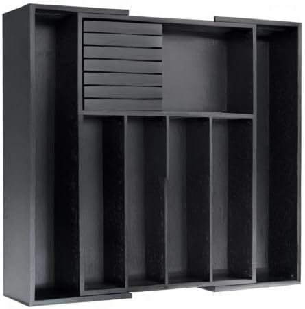 VaeFae Premium Bamboo Silverware Drawer Organizer Kitchen, Expandable Utensil Organizer with Knife Block, Cultery Tray with Divider for Flatware (Black)