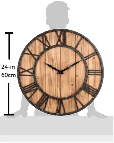 Oldtown Farmhouse Metal & Solid Wood Noiseless Wall Clock (Wood, 24-inch)