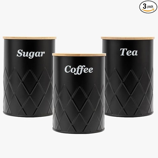 Black Canister Sets for Kitchen Counter,Tea coffee canisters,sugar container,3 Canisters,900ML/30.43OZ