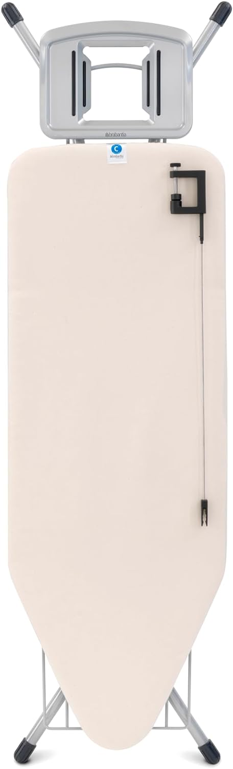 Brabantia Size C Ironing Board (49 x 18in) 7 Height Options, Solid Steam Iron Rest Holder & Linen Rack & Cord Holder (Ecru) Non-Slip Feet, Anti-Collapse Child Locks