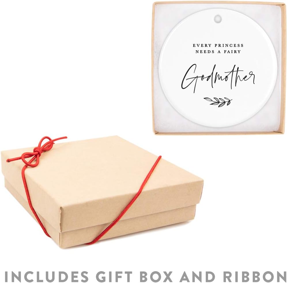 Andaz Press Round Ceramic Porcelain Christmas Tree Ornament Keepsake Collectible Godmother Gift, Every Princess Needs a Fairy Godmother, Antique Handdrawn, 1-Pack