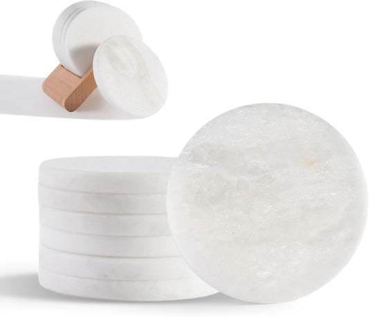 BCS Marble Coasters Set of 6 - Premium White Stone Coasters for Drinks with Holder - Cup Mats for Coffee, Tea, Beer, Wine - Elegant Table Decor for Home, Office, Dining