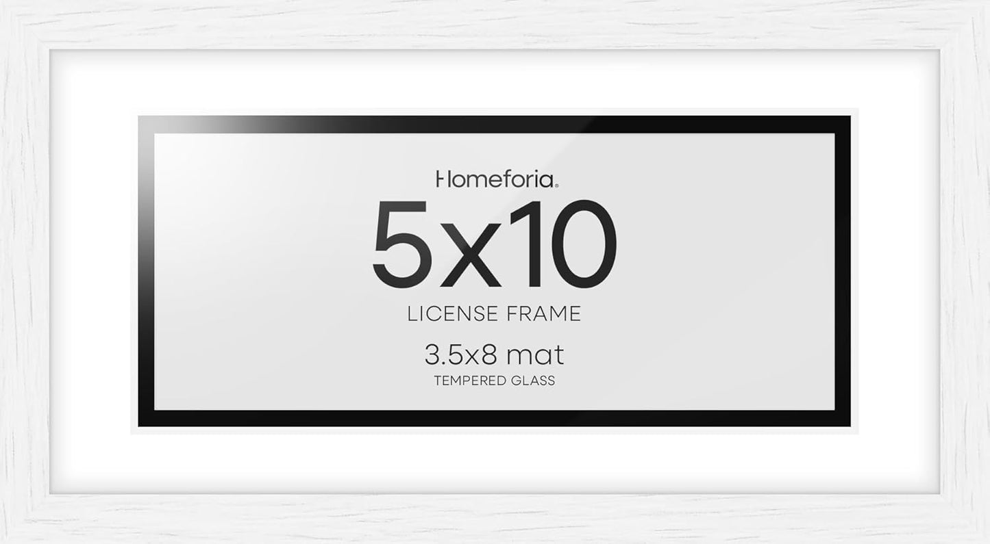 Homeforia 5x10 Business License Frame White, High End Oak 5 x 10 White Wood Document Certificate Frame with Mat 4x9, 10x5 Wooden Picture Frames for Wall or Tabletop, Tempered Glass, Wall Kit, Set of 1
