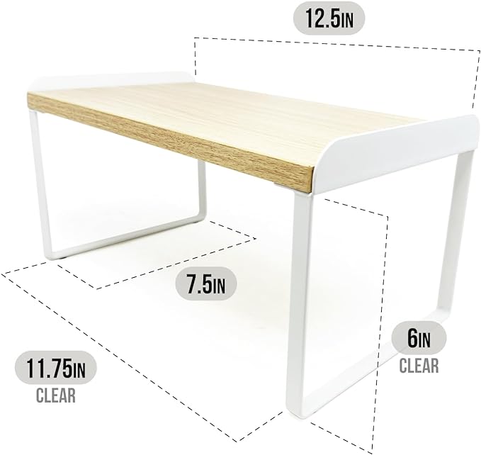 Mitus Shelf Organizer and Storage, Tiered Wood Cabinet Rack for The Kitchen Counter, Bathroom Counter, Pantry Cupboard, Office Desk Bookshelf, 12" Wide Natural and White