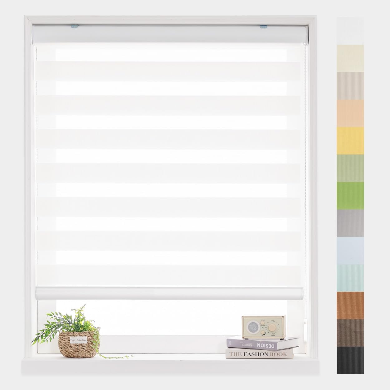 Foiresoft Standard Zebra Roller Blinds for Windows [W34 x H64 Inch, White, Basic], Light Filtering Dual Layer Shades for Bedroom, Living Room, Office, 13 Colors