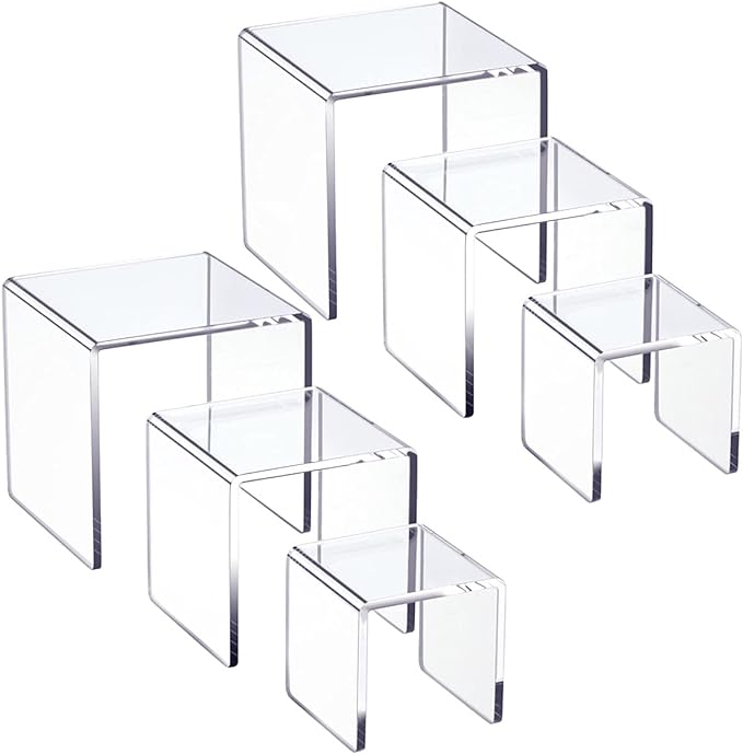 HIIMIEI Clear Acrylic Display Risers 2 Sets, 3-Tier Risers Stands Showcase for Amiibo Funko Pop Figures, Dessert, Jewelry-3"x4"x5"