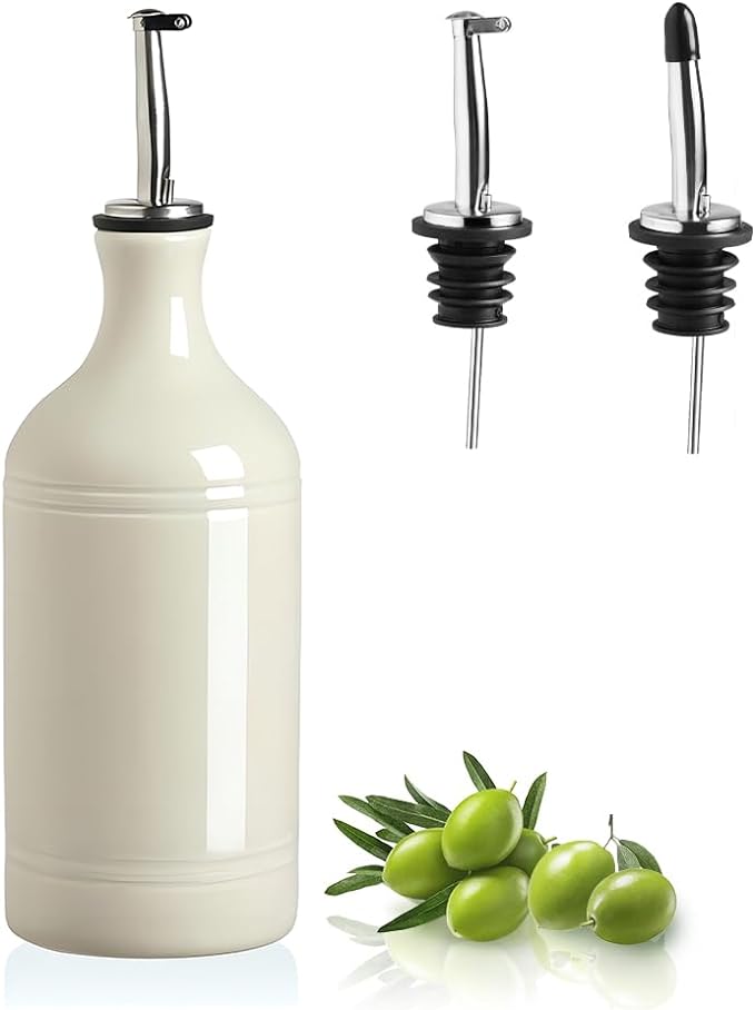 Sweejar Ceramic Olive Oil Dispenser Bottle, Opaque Oil Cruet Protects Oil to Reduce Oxidation, Suitable for Storage Oil, Vinegar, Coffee Syrups & Other Liquids, Pack of 1, 15.5 Fl Oz (Beige)