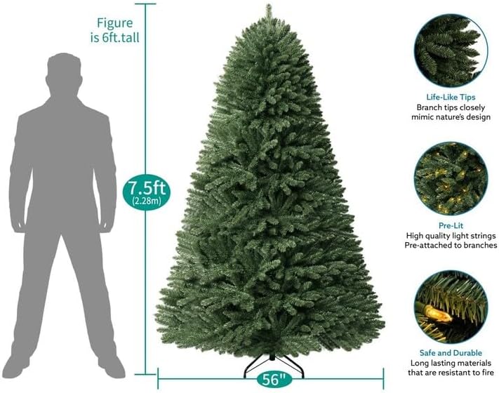 Naomi Home 7.5ft Christmas Tree with Lights Realistic Spruce Christmas Tree Prelit with Foot Pedal 1717 Branch Tips 550 Warm Lights and Metal Stand Aritificial Tree +ürbol De Navidad