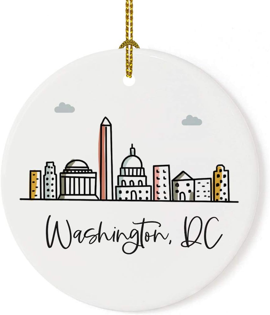 Andaz Press Round Ceramic Porcelain Christmas Tree Ornament Keepsake Gift, Washington, Dc, Colorful City Skyline Graphic, 1-Pack, Birthday Family Coworker Includes Gift Box Washington Dc Ornament 2024
