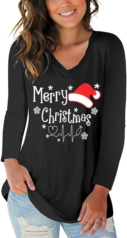 Tobrief Women's Long Sleeve V-Neck Shirts Fall Graphic Tees Loose Casual T-Shirt