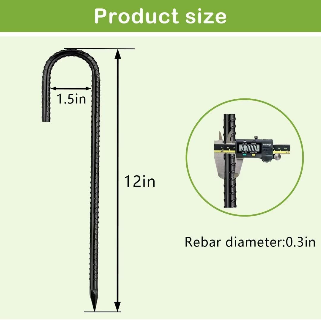 Rebar-Stakes-12-Inch, Ground Stakes Heavy Duty J-Hook Black Coated Anti-Rust Heavy Duty Ground Anchors for Garden Dog Fence Chicken Coop Christmas Decorations Deer Fence 20pcs