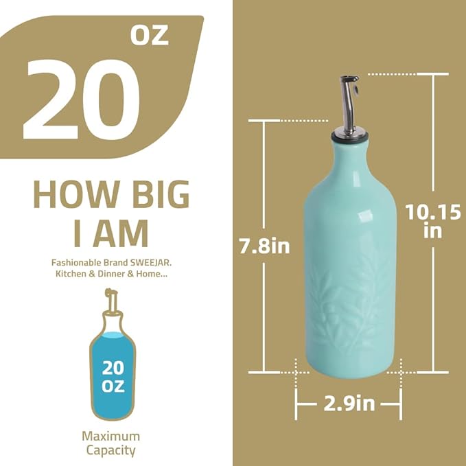 Sweejar Ceramic Olive Oil Dispenser Bottle 20 Oz Relief Opaque Oil Cruet Protects To Reduce Oxidation Suitable for Storage Vinegar, Soy Sauce, Coffee Syrup, Liquids, Set of 1 (Fogblue Gold Spout)