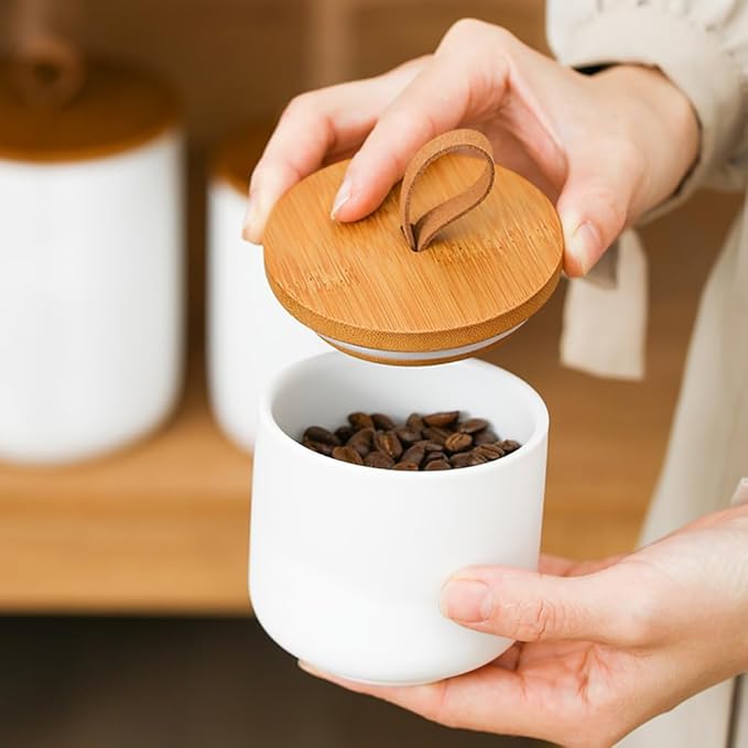 YYW Kitchen Canister Set for Countertop Set of 3, 9/28/45 oz Ceramic Food Storage Containers with Airtight Wood Lids, Food Saver Jars for Coffee, Tea, Candy, Flour(Three-piece suit in black)