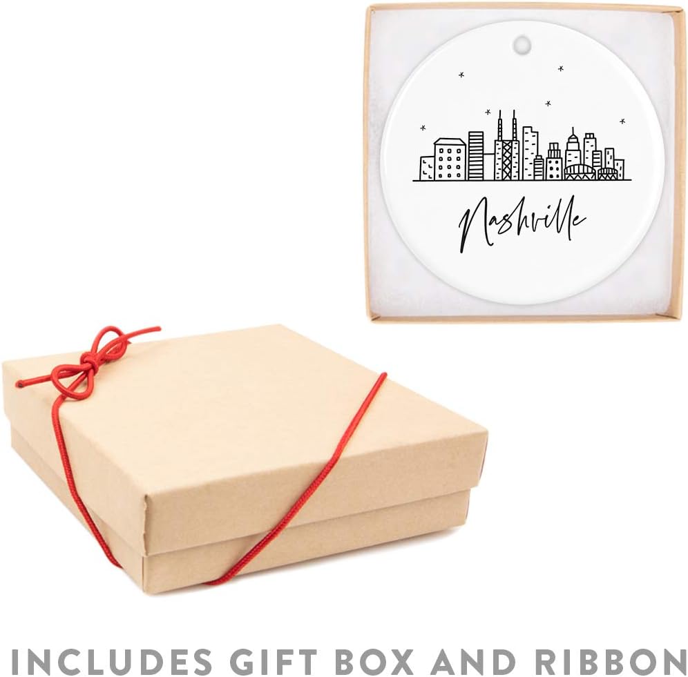 Andaz Press Round Ceramic Porcelain Christmas Tree Ornament, Nashville Black and White Stars City Skyline, 1-Pack, Birthday Ideas for Family Coworker, Christmas Ornament