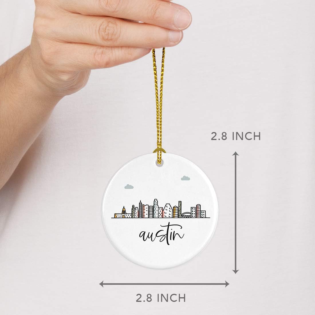 Andaz Press Round Ceramic Porcelain Christmas Tree Ornament Keepsake, Austin Colorful City Skyline Graphic, 1-Pack, Birthday Gift Ideas Family Coworker Him Her, Includes Gift Box