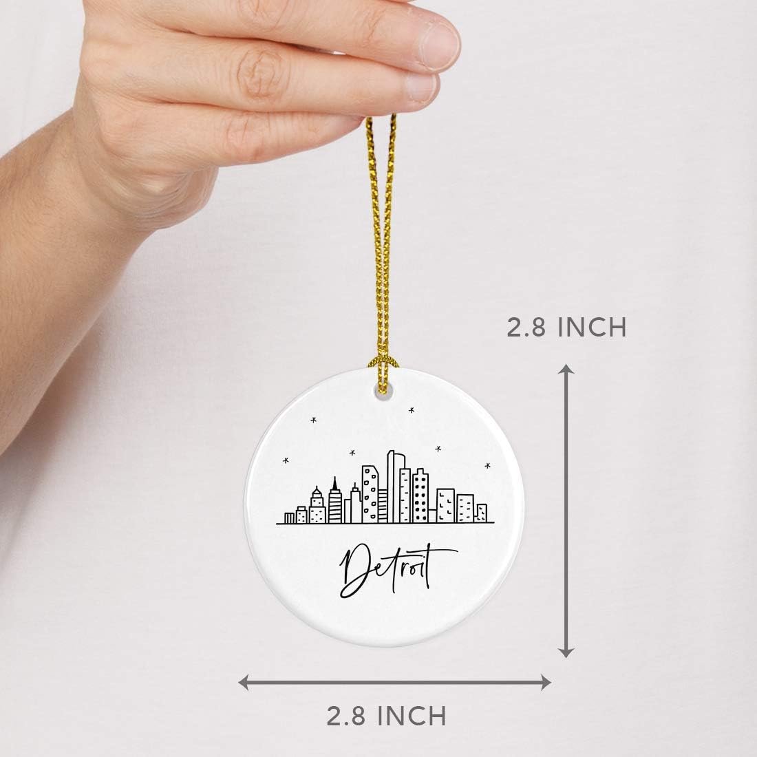 Andaz Press Round Ceramic Porcelain Christmas Tree Ornament Keepsake, Detroit Black and White Stars City Skyline Graphic, 1-Pack, Birthday Gift Idea for Family, Coworker, Him, Her, Includes Gift Box