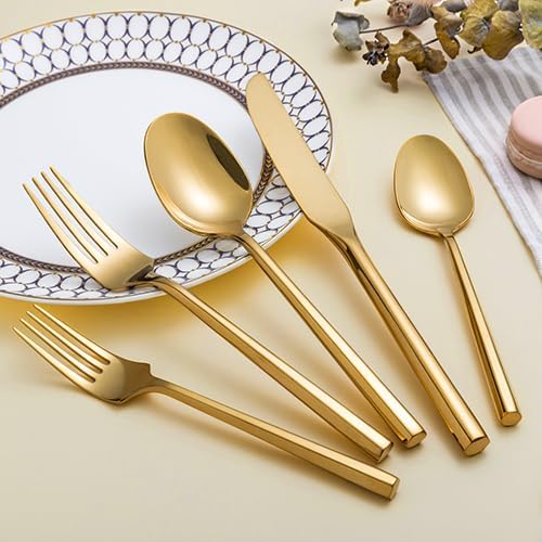 Gold Silverware Set Flatware Set Stainless Steel Cutlery Set 60 Pieces Thick Heavy Hexagon Handle Service for 12