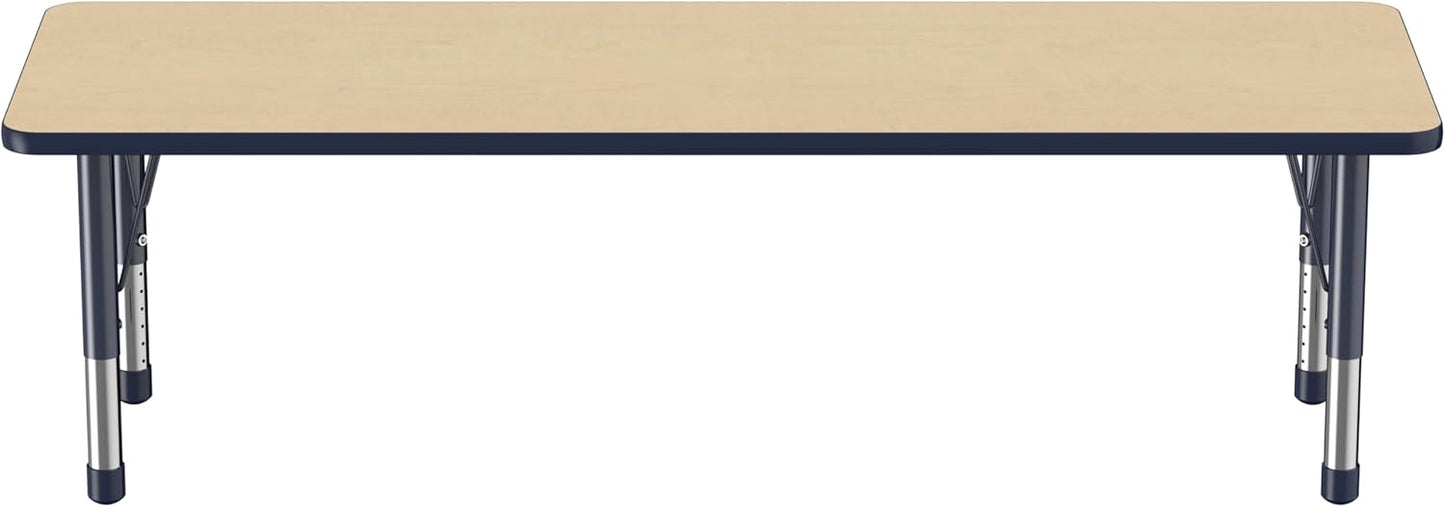 Factory Direct Partners FDP Rectangle Activity School and Classroom Kids Table (24 x 72 inch), Chunky Toddler Legs, Adjustable Table Height 15-24 inches - Maple Top and Navy Edge