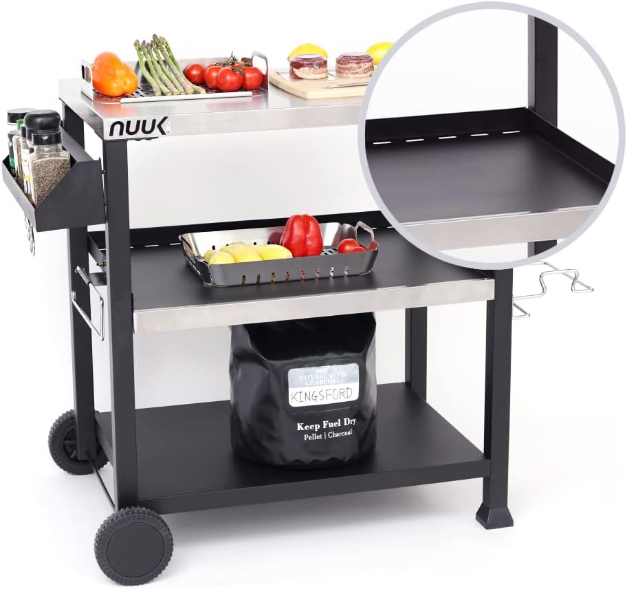 NUUK Three-Shelf Movable Outdoor Dining Cart Table, 20" x 32" NSF Stainless Steel Commercial Multifunctional Heavy Duty Kitchen Food Prep Worktable on Wheels