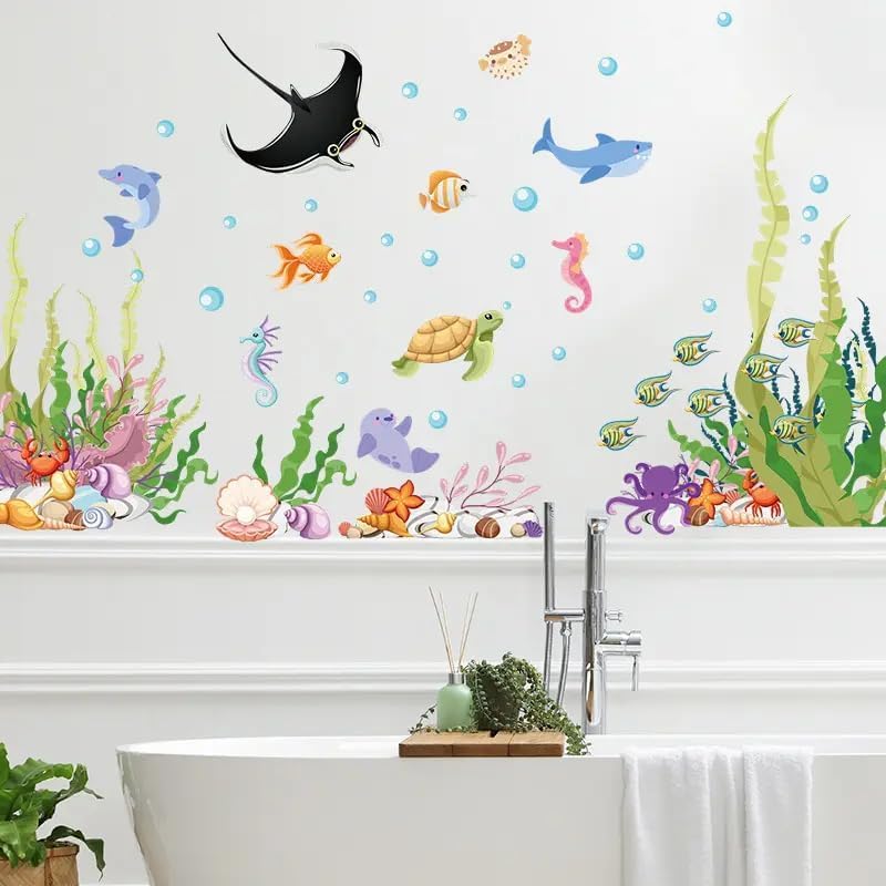 2 Sheets of 12x36 Inch Spring Summer Window Cling Sticker Fish, Plants, Aquatic Theme Window Stickers, Spring and Summer Decor, Home, Shop, Party Window, Glass, Wall Display Stickers (Aquatic Theme)