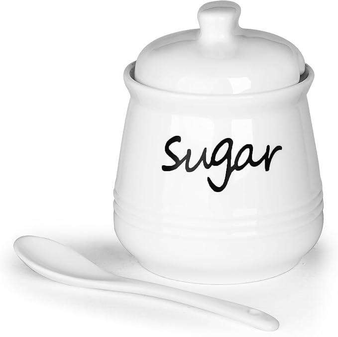 HAOTOP 12oz Sugar Bowl with Lid and Spoon,Ceramic Sugar Jar Sugar Dispenser Sugar Container Coffee Bar Accessories, Kitchen Countertop Canisters, White