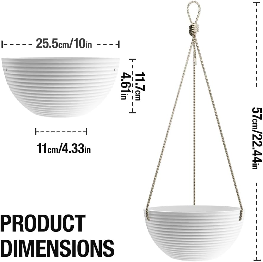 Line Pattern 10 Inch Hanging Planter for Indoor Outdoor Plants, 2 Pack Round Hanging Pots for Plants (White)
