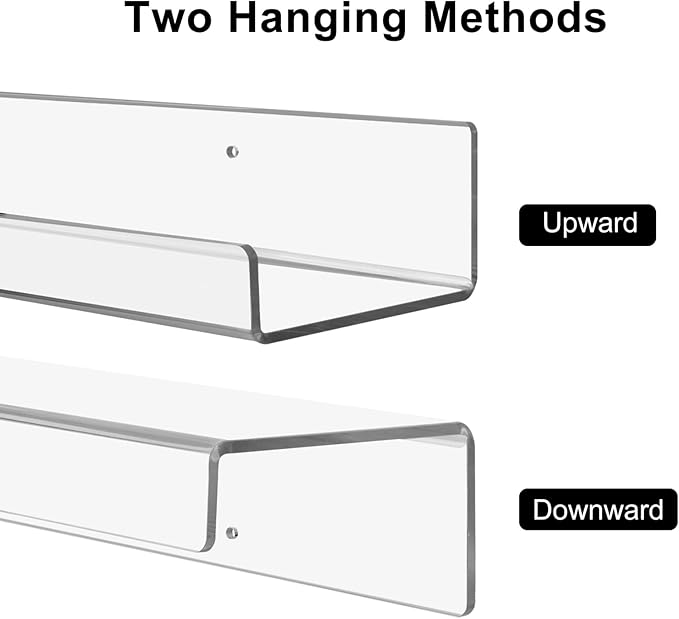 4 Pack Clear Acrylic Floating Shelves for Wall, 15'' Plastic Wall Mounted Display Shelf Kids Bookshelf and Spice Organizer for Bedroom, Living Room, Kitchen, Bathroom, Office