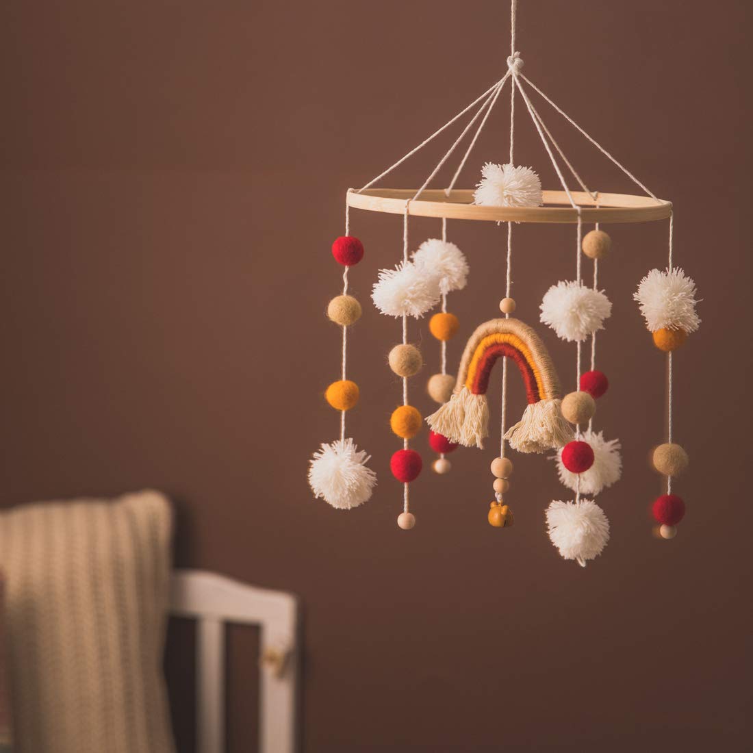 Baby Crib Mobile,Crib Mobile Wooden Mobile with Colorful Cotton Ball Wool Felt Ball Boho Baby Mobile Bassinet Mobile for Crib,Mobile for Baby Nursery and Ceiling Decoration