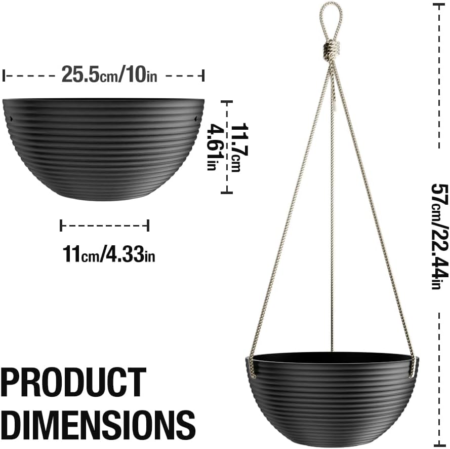 Line Pattern 10 Inch Hanging Planter for Indoor Outdoor Plants, 2 Pack Round Hanging Pots for Plants (Black)