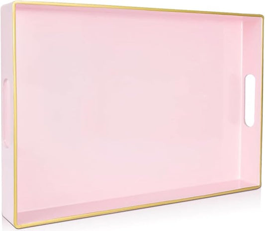 Large Pink Rectangular Decorative Tray – Plastic Serving Tray with Handles for Coffee Table, Ottoman, Living Room, 15.7” x 11.8” x 1.6