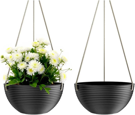 Line Pattern 10 Inch Hanging Planter for Indoor Outdoor Plants, 2 Pack Round Hanging Pots for Plants (Black)