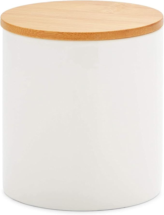 Farmlyn Creek Set of 3 White Ceramic Canisters with Airtight Wooden Bmaboo Lids - Kitchen Counter Containers - Food Storage Jars for Storing Sugar, Coffee, Snacks and Other Dry Goods (3 Sizes)