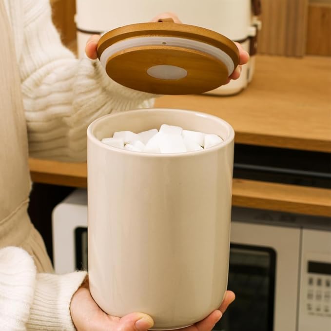 Large Ceramic Storage Jars, Modern Elegant Highly Polished Airtight Gorgeous Storage Canisters with Wooden Lid Food Storage Jar for Kitchen Spice Tea Vanilla Sugar Coffee Beans (Khaki)