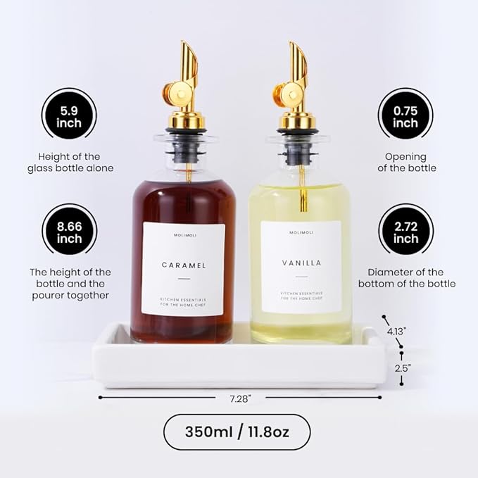 Molimoli Olive Oil Dispenser Bottle for Kitchen, Coffee Syrup Dispenser w. Weighted Pourer, Glass Bottle Dispenser for Kitchen with Ceramic Tray | Gold, 350ml, Set of 2