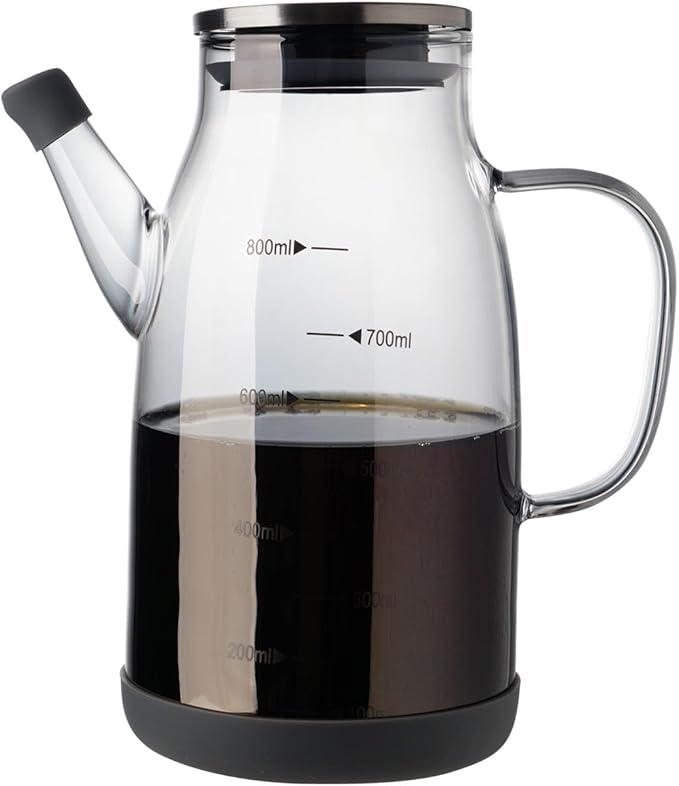 Large Glass Oil Dispenser Bottle for Kitchen Cooking Recipiente Para Aceite De Cocina Olive Oil Vinegar Dispenser Cruet Stainless Steel Lid No Drip Liquid Container (Grey, 27oz / 800ml)