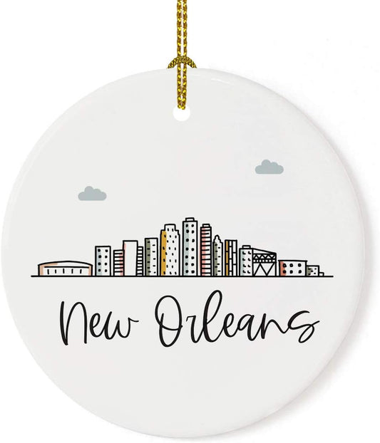 Andaz Press Round Ceramic Porcelain Christmas Tree Ornament Keepsake Gift, New Orleans, Colorful City Skyline Graphic, 1-Pack, Birthday Ideas Family Coworker Him Her, Includes Gift Box