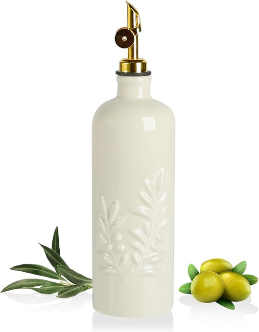 Sweejar 18 Oz Oil Dispenser for Kitchen with Gravity Spout, Ceramic Olive Oil Dispenser Bottle, Relief Opaque Vinegar Container for Evoo, Vinegar, Soy Sauce, Pack of 1(Beige, Gold Spout)