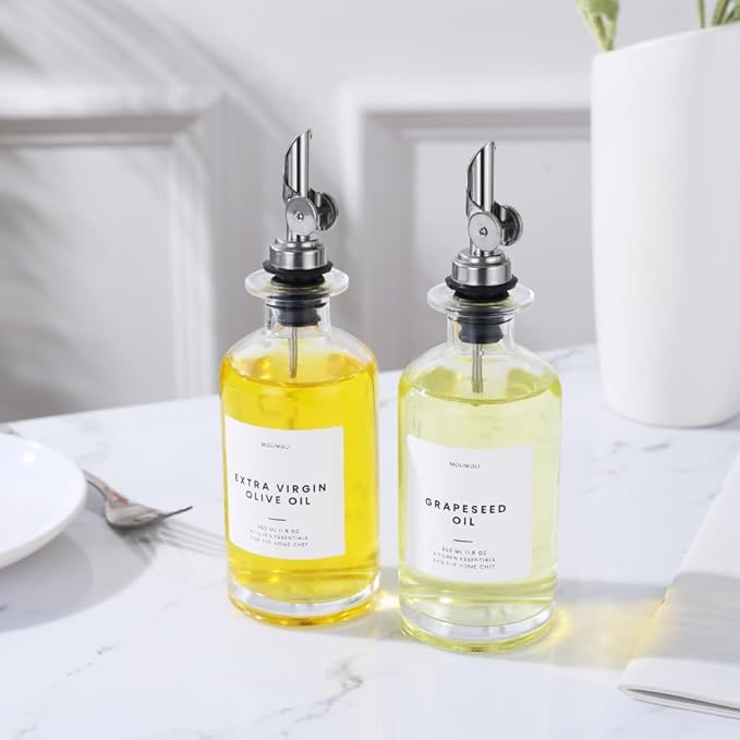 Molimoli Olive Oil Dispenser Bottle for Kitchen, Oil Dispenser w. Weighted Pourer, Glass Bottle Dispenser for Kitchen, Olive Oil Cruet, Glass Olive Oil Bottle | 350ml, Set of 4