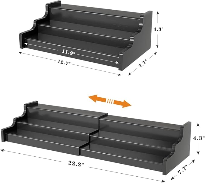 Spice Rack Organizer For Cabinet - 3 Tier Black Bamboo Wooden Expandable Display Shelf from 12.70 to 22.20 inch