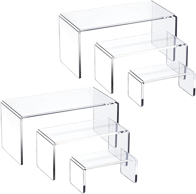 HIIMIEI Acrylic Risers for Display Clear 3-Tier Risers Stands Showcase for Amiibo Funko Pop Figures, Dessert, Jewelry-8.4"x 6.3"x 4.3" (2 Sets)