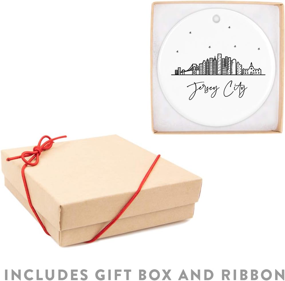 Andaz Press Round Ceramic Porcelain Christmas Tree Ornament Keepsake Gift, Jersey City, Black and White Stars City Skyline Graphic, 1-Pack, Birthday Ideas Family Coworker Him Her, Includes Gift Box
